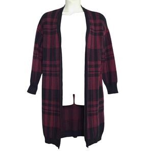 M Magaschoni Plaid Cardigan Large Black Burgundy Open Front Duster Thick